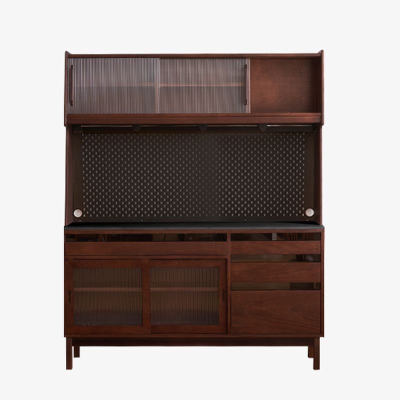 2 Shelves & 4 Drawers Simplistic Standard Lumber Cabinet Set with Sliding Doors & Drawers, Walnut, 59"L x 18"W x 76"H