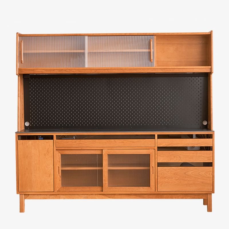 2 Shelves & 4 Drawers Simplistic Wide Lumber Cabinet Set with Sliding Doors & Drawers, Cherry Wood, 83"L x 18"W x 76"H