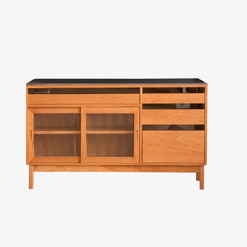 1 Shelf & 4 Drawers Art Deco Standard Lumber Microwave Shelf Cabinet with Sliding Doors & Drawers, Cherry Wood, 59"L x 18"W x 34"H