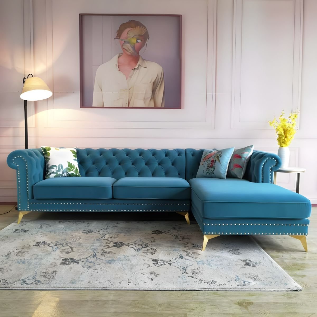 Glamorous Tufted L-Shape Sectional Sofa with Round Arm and Nailhead Trim - Peacock Blue Flannel Right