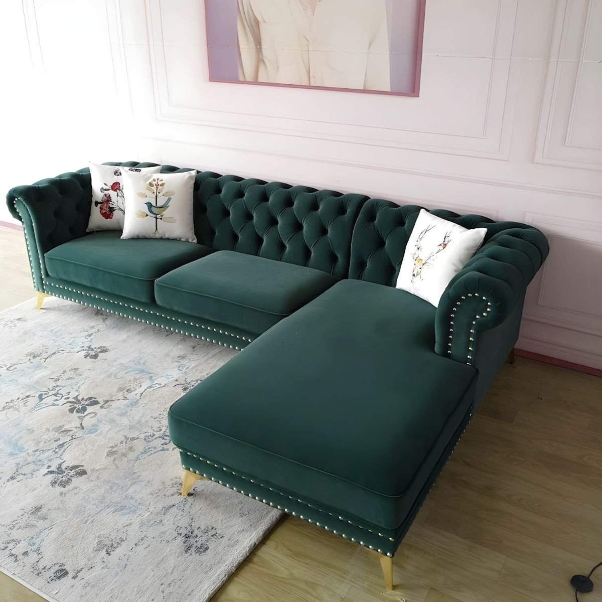 Glamorous Tufted L-Shape Sectional Sofa with Round Arm and Nailhead Trim - Green Flannel Right