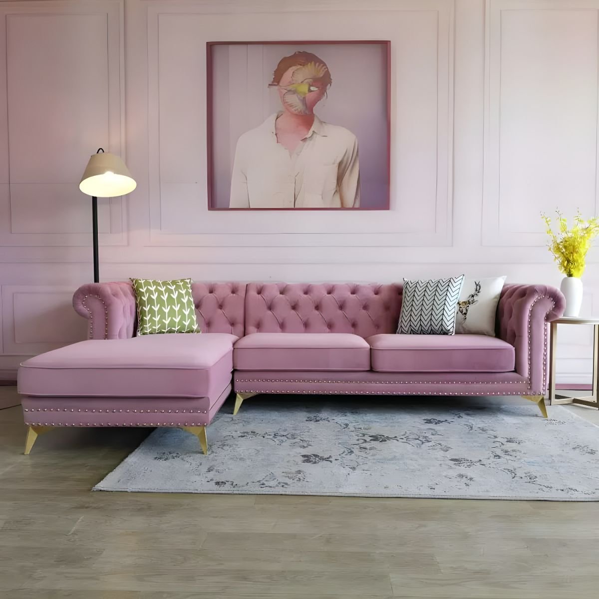 Glamorous Tufted L-Shape Sectional Sofa with Round Arm and Nailhead Trim - Pink Flannel Left
