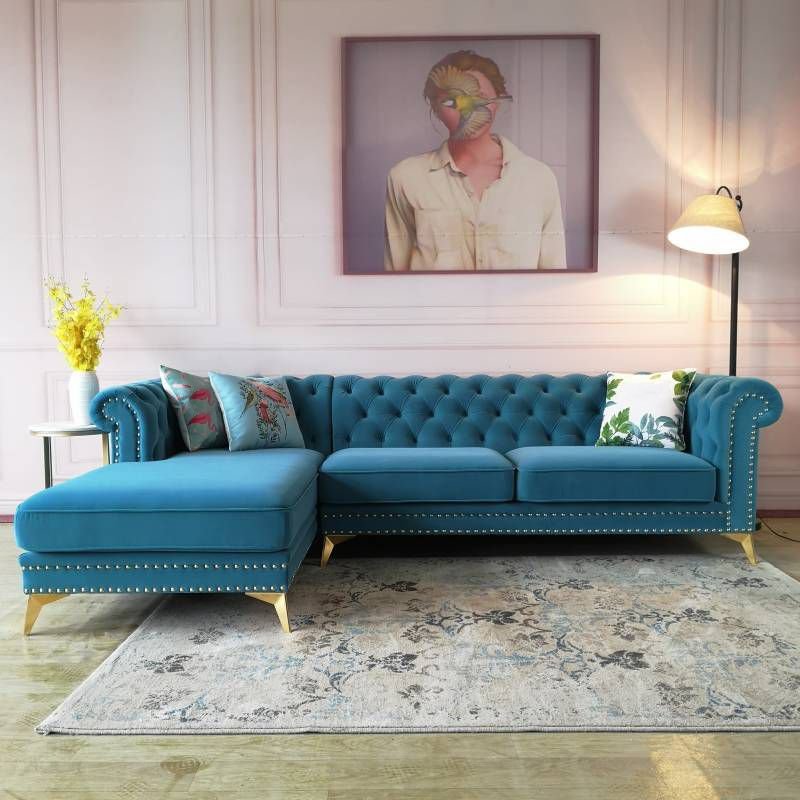 Glamorous Tufted L-Shape Sectional Sofa with Round Arm and Nailhead Trim - Peacock Blue Flannel Left