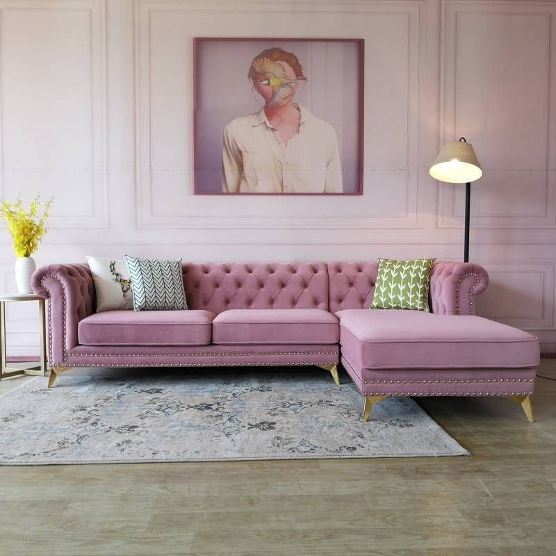 Glamorous Tufted L-Shape Sectional Sofa with Round Arm and Nailhead Trim - Pink Flannel Right