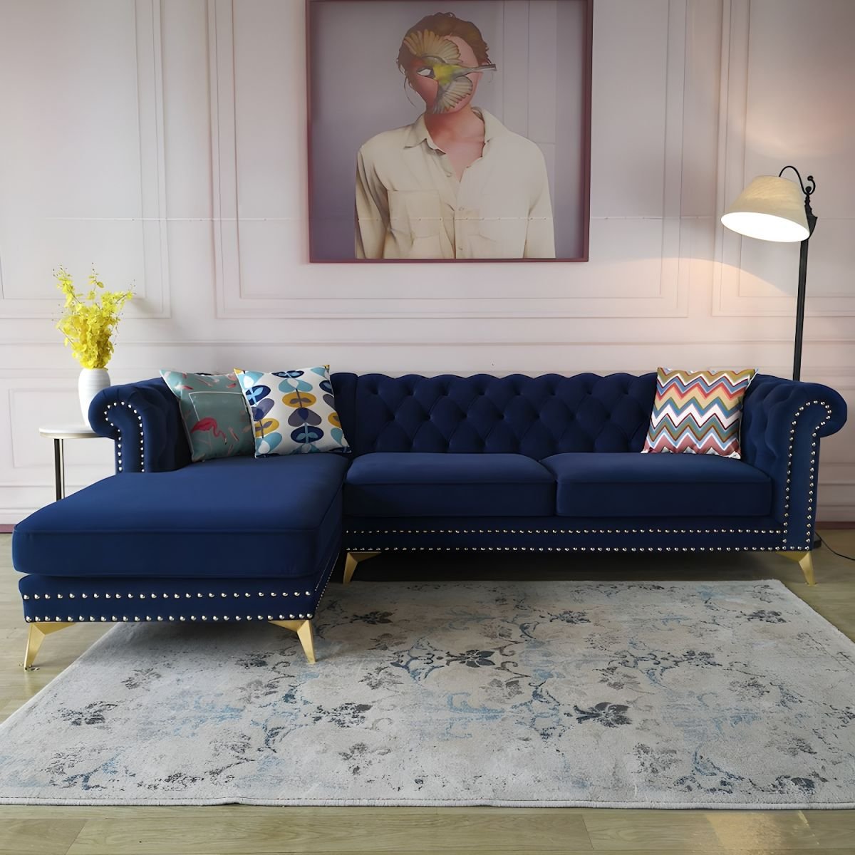 Glamorous Tufted L-Shape Sectional Sofa with Round Arm and Nailhead Trim - Royal Blue Flannel Left