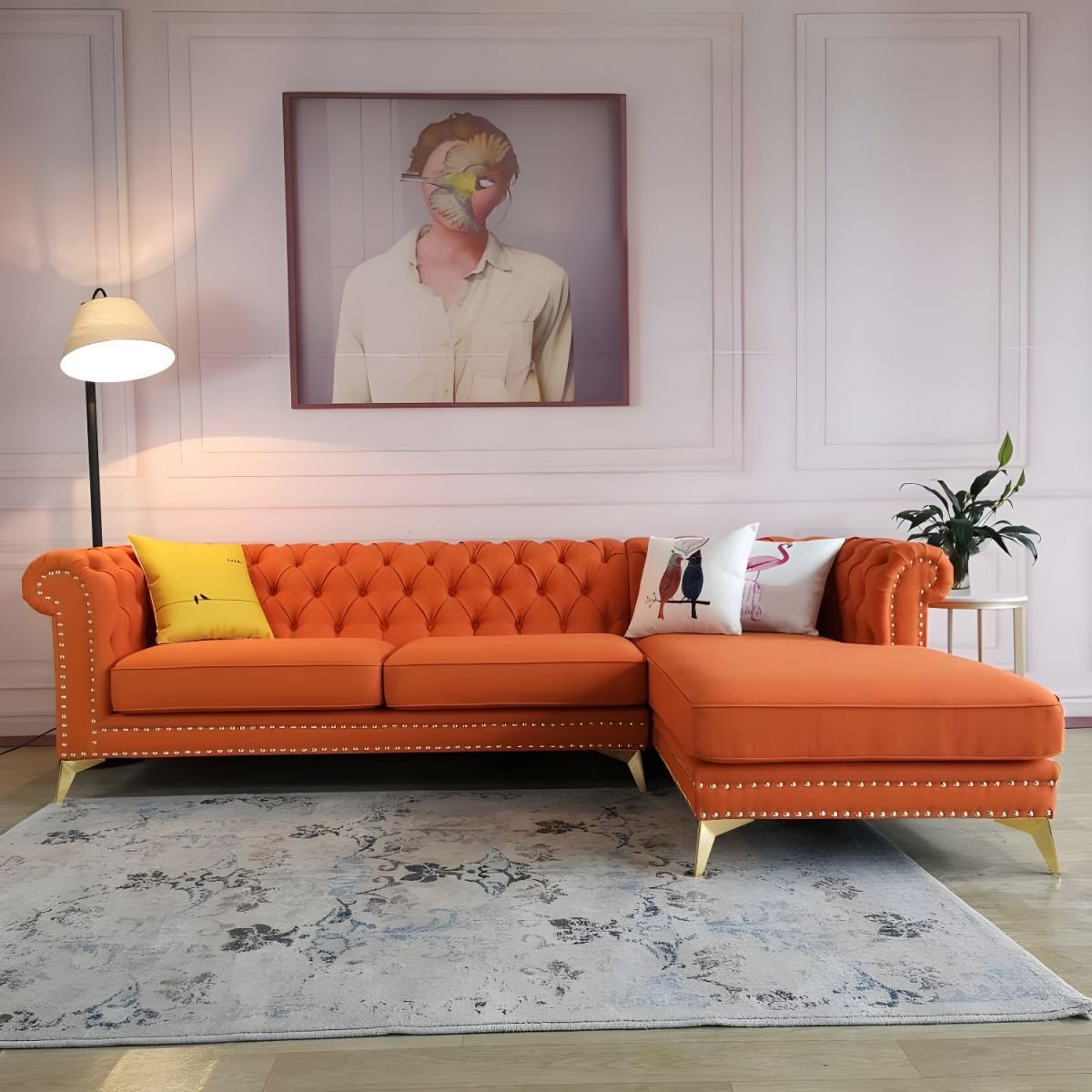 Glamorous Tufted L-Shape Sectional Sofa with Round Arm and Nailhead Trim - Orange Cotton and Linen Right