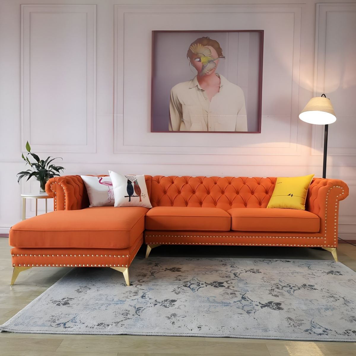 Glamorous Tufted L-Shape Sectional Sofa with Round Arm and Nailhead Trim - Orange Cotton and Linen Left