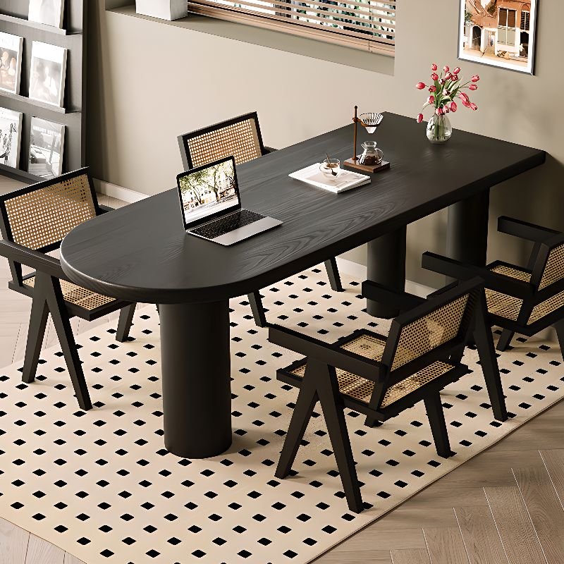 Arc Segment Natural Solid Wood Dark Wood 3-Leg Dining Table Set Dining Table for 4, 55.1"L x 27.6"W x 29.5"H, 5 Piece Set, Table & Chair(s), 32.3"H x 20.5"W x 22"D