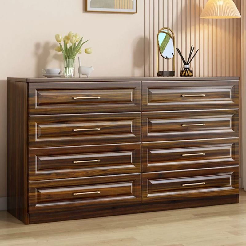 Casual Raw Wood Horizontal Double Dresser with 8 Drawers Master Bedroom, Dark Walnut, 55"L x 16"W x 35"H
