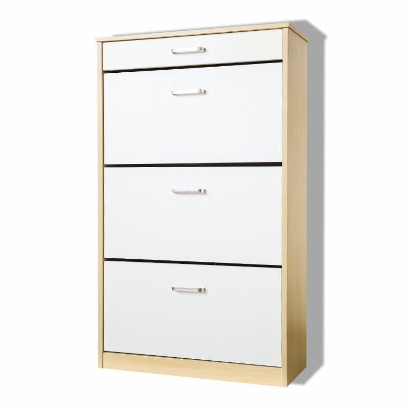 4-tier Manufactured Wood Shoe Displays with Tipping Front, 1 Drawer, Wall-installed, Cabinet Door, and Adaptable Shelf, 23.6"L x 9.4"W x 47.2"H, Natural/ White