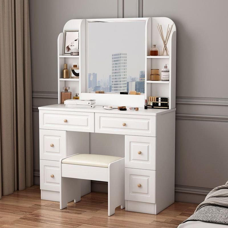 Bedroom Use Composite Wood Push-Pull Floor Vanity with Tabletop Storage, No Suspended, Dividers Included, Makeup Vanity & Stools, 35"L x 16"W x 57"H