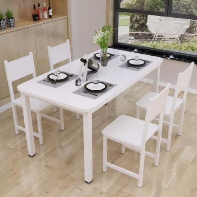 White Composite Wood Fixed Dining Table Set with Metal 4-Leg and Chairs with Back for 4 People, 5 Piece Set, 55.1"L x 31.5"W x 29.5"H, White-White, Table & Chair(s)