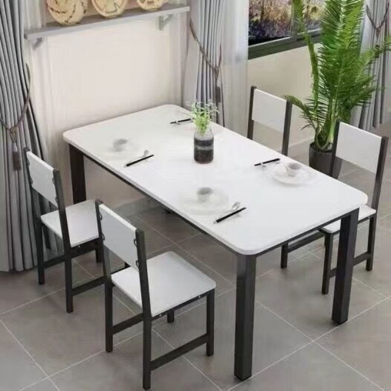 Art Deco White Faux Wood Fixed Rectangular Dining Table Set with Metal 4 Legs for Seats 4, 1 Piece, 55.1"L x 31.5"W x 29.5"H, White-Black, Table