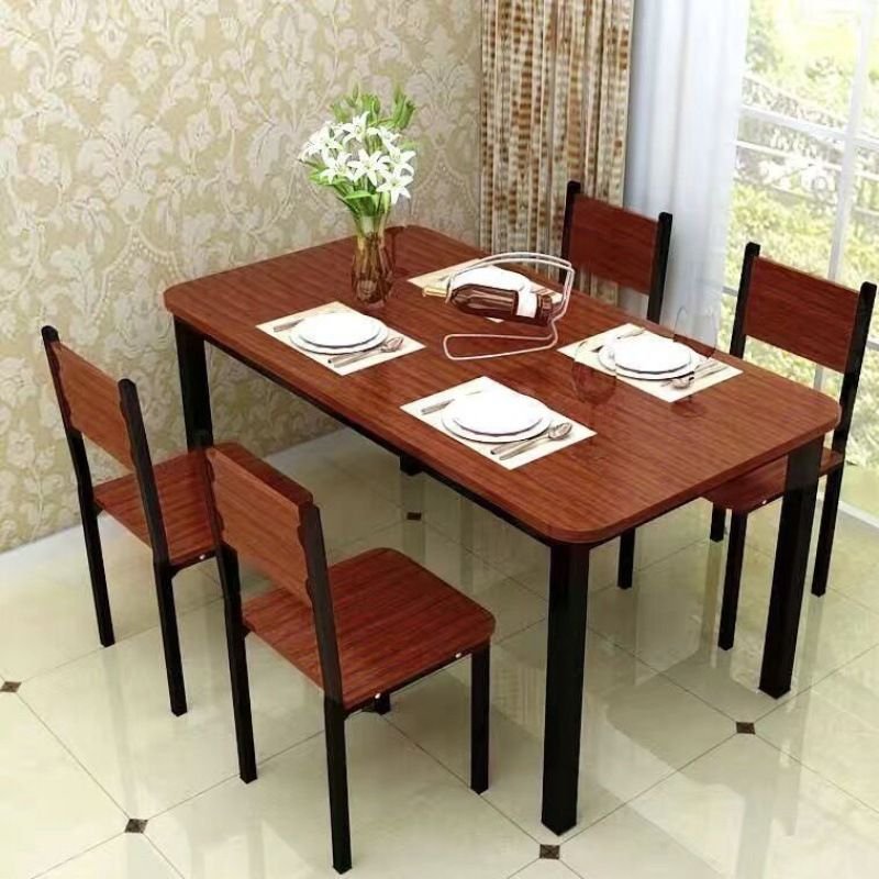 Auburn Composite Wood Fixed Dining Table Set with Metal 4 Legs and Chairs with Back for Seats 4, 5-piece, 55.1"L x 31.5"W x 29.5"H, Teak/ Black, Table & Chair(s)