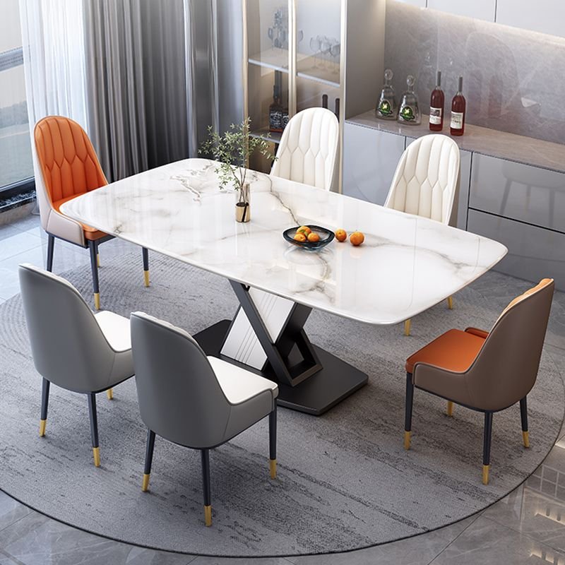 White Slate Pedestal Fixed Table/Dining Table Set with 7 Piece Set, Cushion Chair and Upholstered Back, Table & Chair(s), 47.2"L x 31.5"W x 29.5"H