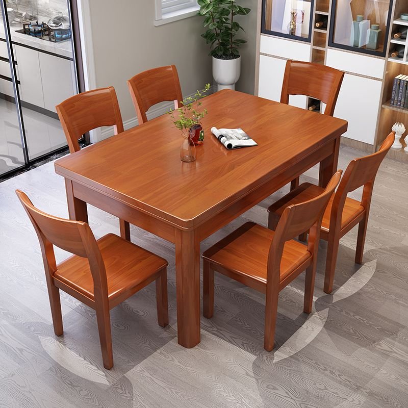 4-Leg Rectangular Natural Wood Dining Table Set with a Fixed Top and Wood Back Chairs for 6 People, 7 Pieces, Table & Chair(s), Crimson, 39.4"L x 27.6"W x 29.9"H