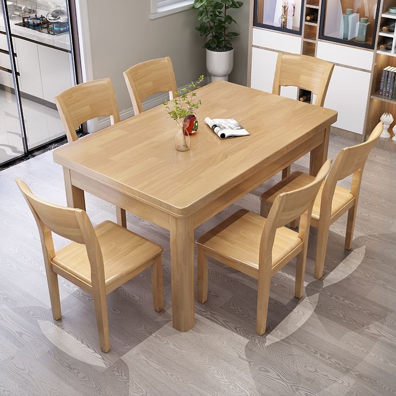 4-Leg Rectangle Rubberwood Dining Table Set with a Fixed Table Top and Wood Back Chairs for 6 People, 7-piece, Table & Chair(s), Natural, 39"L x 24"W x 30"H
