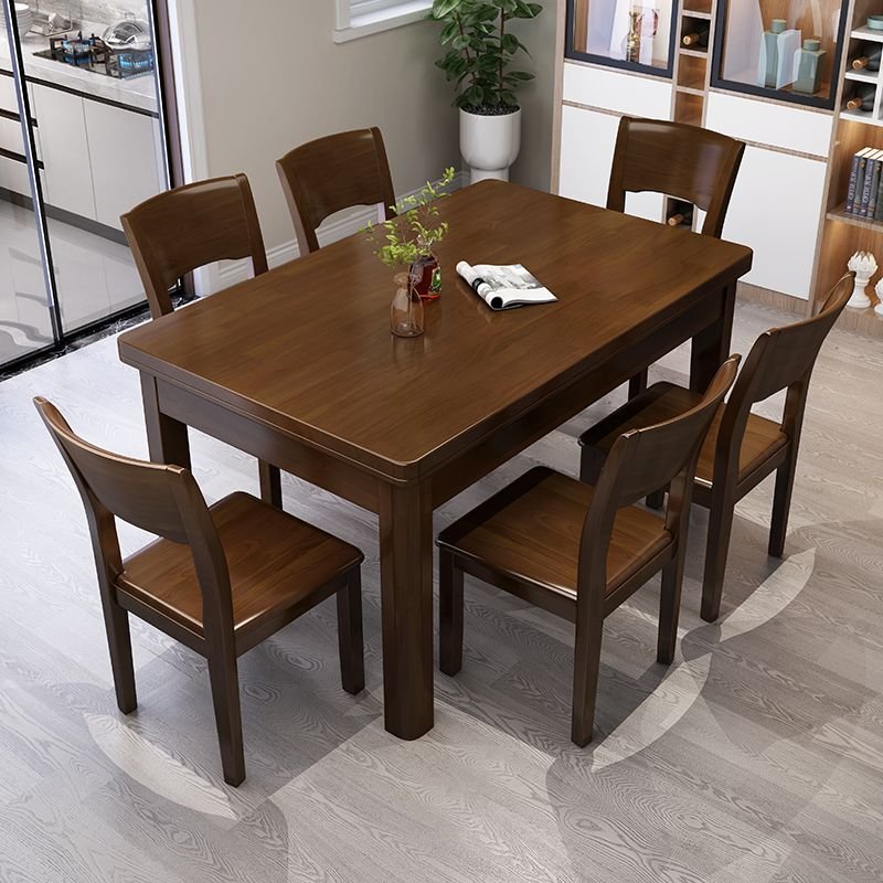 4-Leg Rectangle Rubberwood Dining Table Set with a Fixed Table Top and Wood Back Chairs for 6 People, 7-piece, Table & Chair(s), Walnut, 51.2"L x 31.5"W x 29.9"H