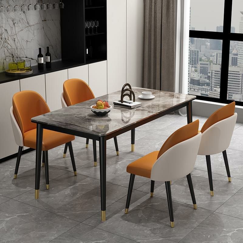 Art Deco Rectangle Dining Table Set for 4 with a Slate Tabletop in Grey and Upholstered Chairs, 5 Piece Set, 70.9"L x 35.4"W x 29.5"H, Orange, Table & Chair(s)