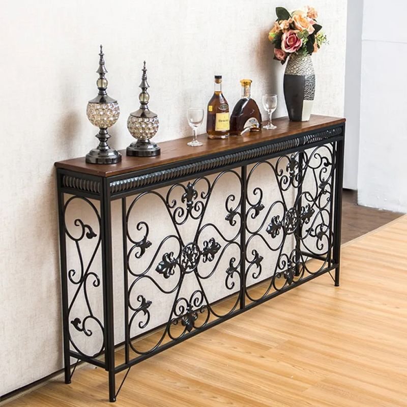 Antique Brown Wood Rectangular Console Table with Four Legs, Black, 70.9"L x 9.8"W x 35.4"H
