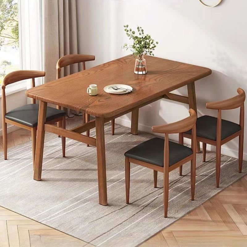 5 Piece Set Rectangular Brown Finished Reclaimed Wood Top Dining Table Set with 4 Legs and Open Back Upholstered Chair, Table & Chair(s), Nut-Brown, 47.2"L x 31.5"W x 29.5"H