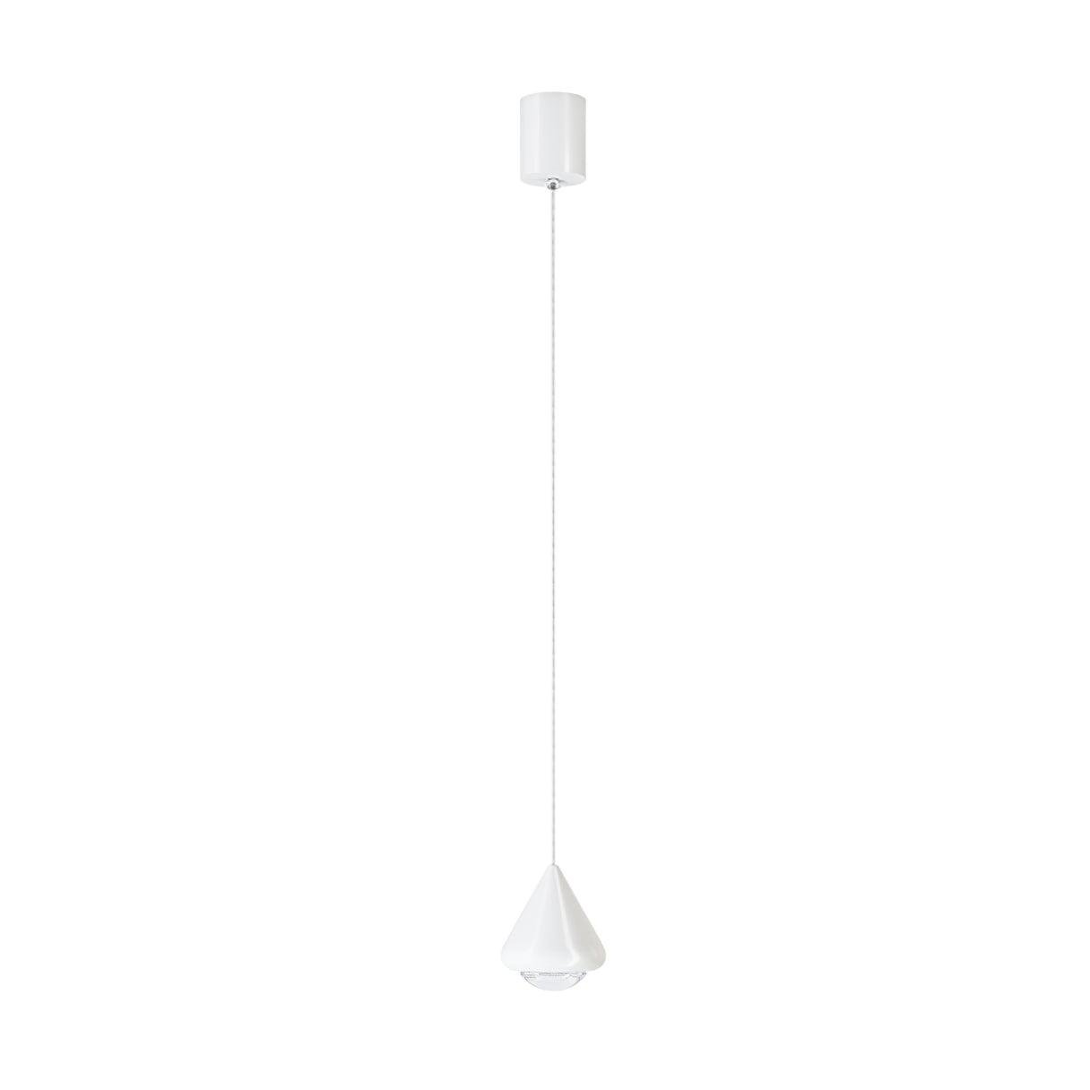 White Apollo Pendant Lamp with 3.9" diameter and 59" height, emitting a cool light. Also available in 10cm diameter and 150cm height.