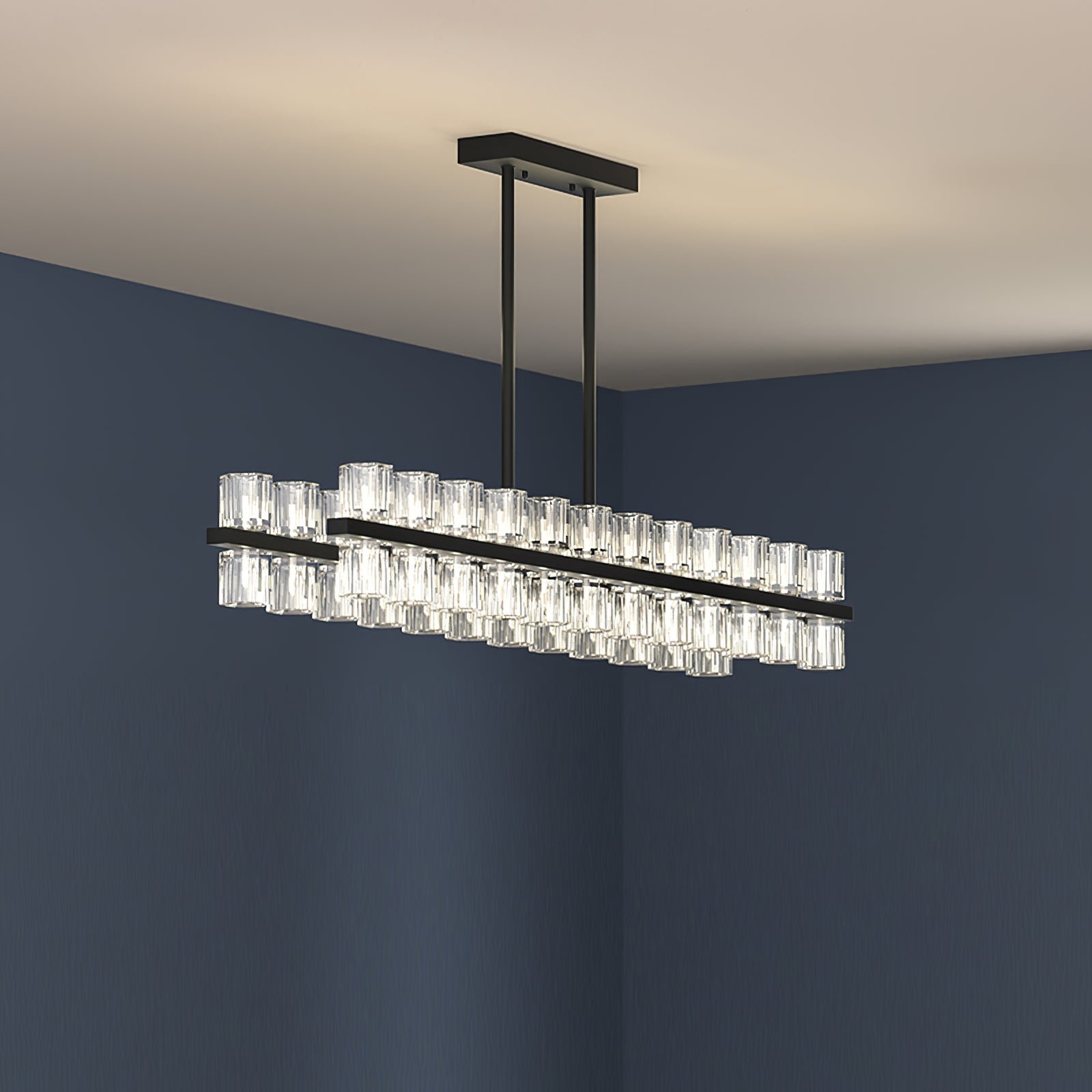 Black Rectangular LED Chandelier Arcachon featuring 40 bulbs, measuring L 39.3″ x H 8.6″ (L 100cm x H 22cm).