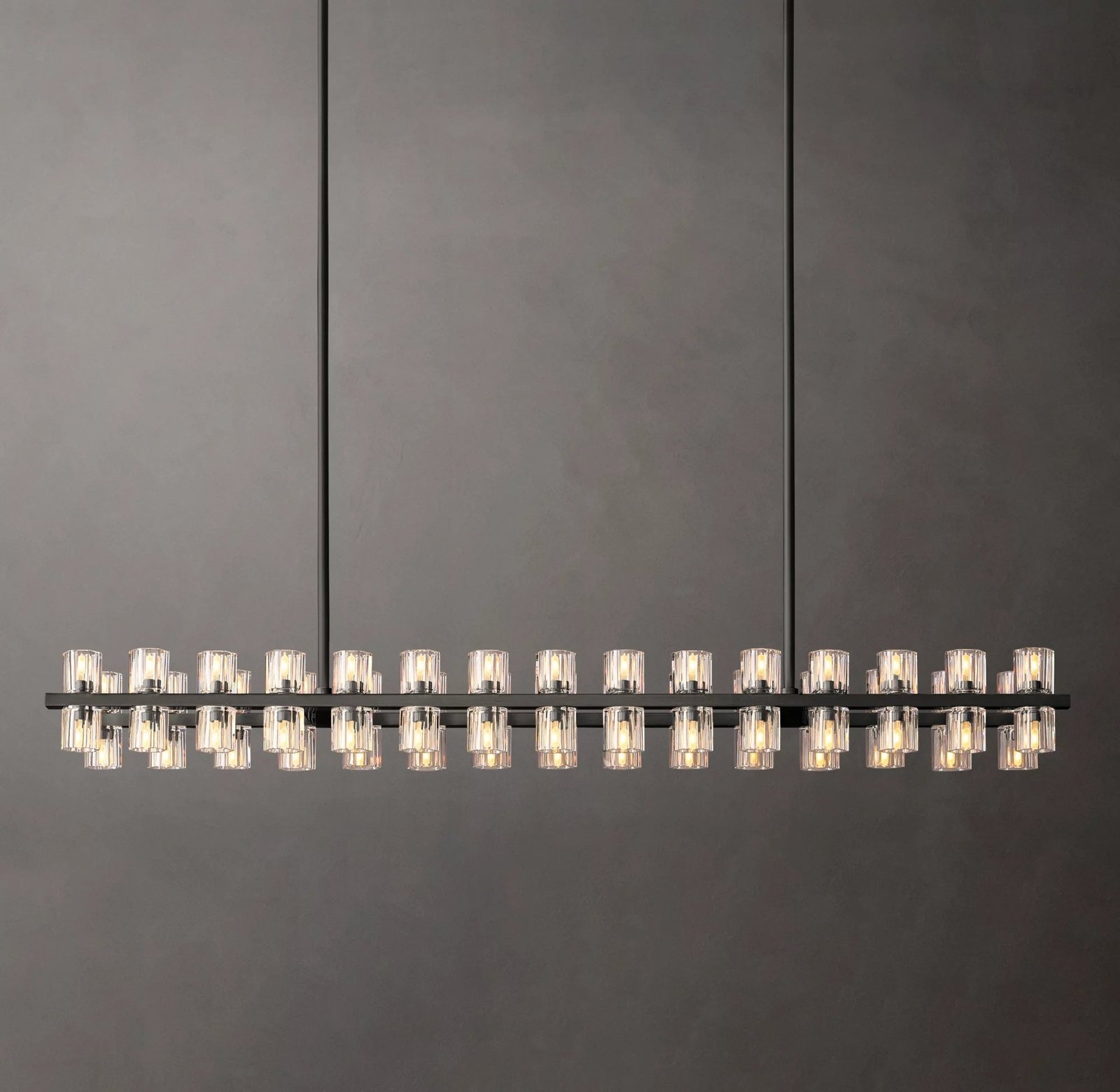 Black Arcachon LED Rectangular Chandelier with 60 bulbs, measuring L 55″ x H 8.6″ (L 140cm x H 22cm)
