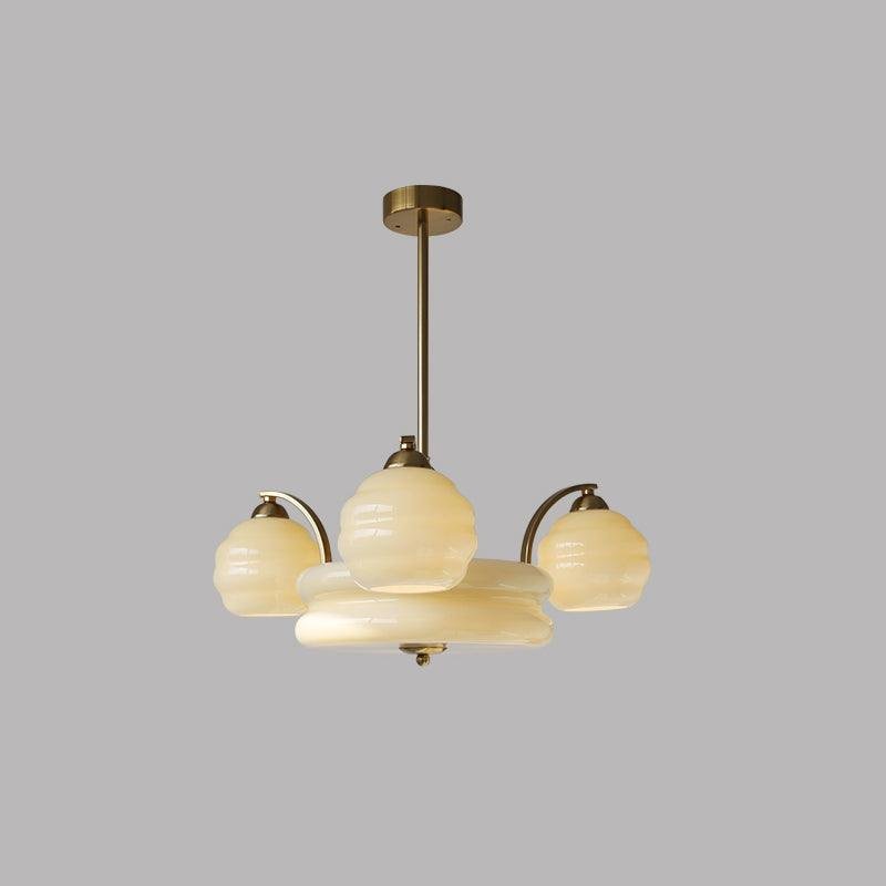 Stunning Gold and Beige Vintage Chandelier with Art Deco Style, 3+1 Heads, ∅ 24.4" x H 11" (Dia 62cm x H 28cm) Dimensions