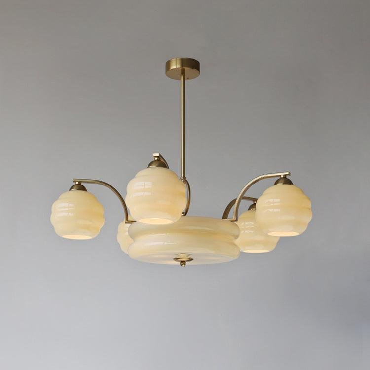 Charming Gold+Beige Vintage Art Deco Chandelier with 5+1 Heads, 27.6 inches in diameter and 11 inches in height (70cm x 28cm)