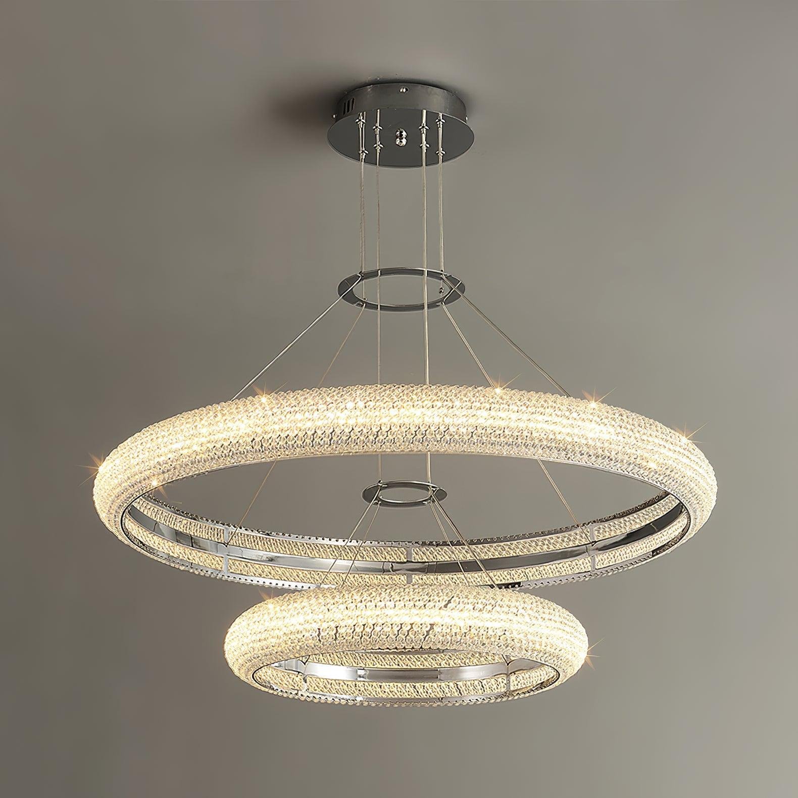 Asscher Ring Chandelier with a diameter of 17.7" and 31.5", equivalent to 45cm and 80cm respectively, featuring a chrome finish and emitting cool white light.