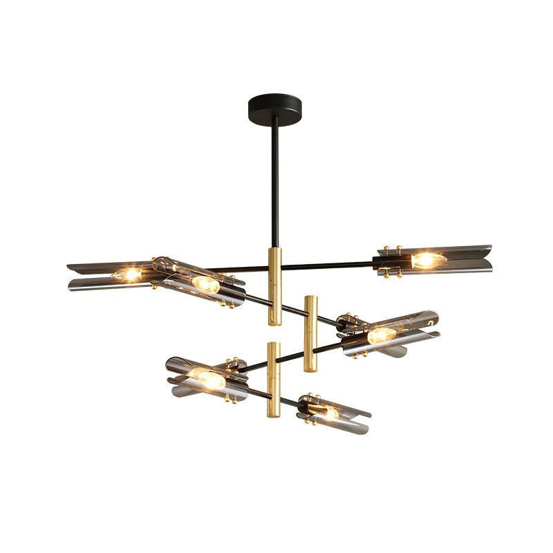 Astrid Double Chandelier: 8 Head Design, 36.2″ Diameter x 25.2″ Height (92cm x 64cm), Black and Gold Finish, Smoke Gray Color