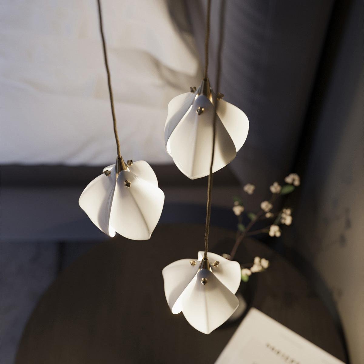 Gold and White Bloom Pendant Light featuring 3 heads, a 15cm canopy, and a 13cm diameter.