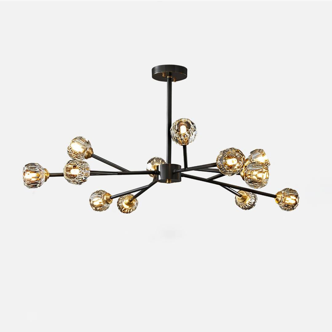 12-Head Crystal Ball Round Cluster Chandelier: Size 34.6″ in Diameter and 17.7″ in Height (88cm Dia x 45cm H), Color Black, Gold, and Clear; Diameter 11cm.