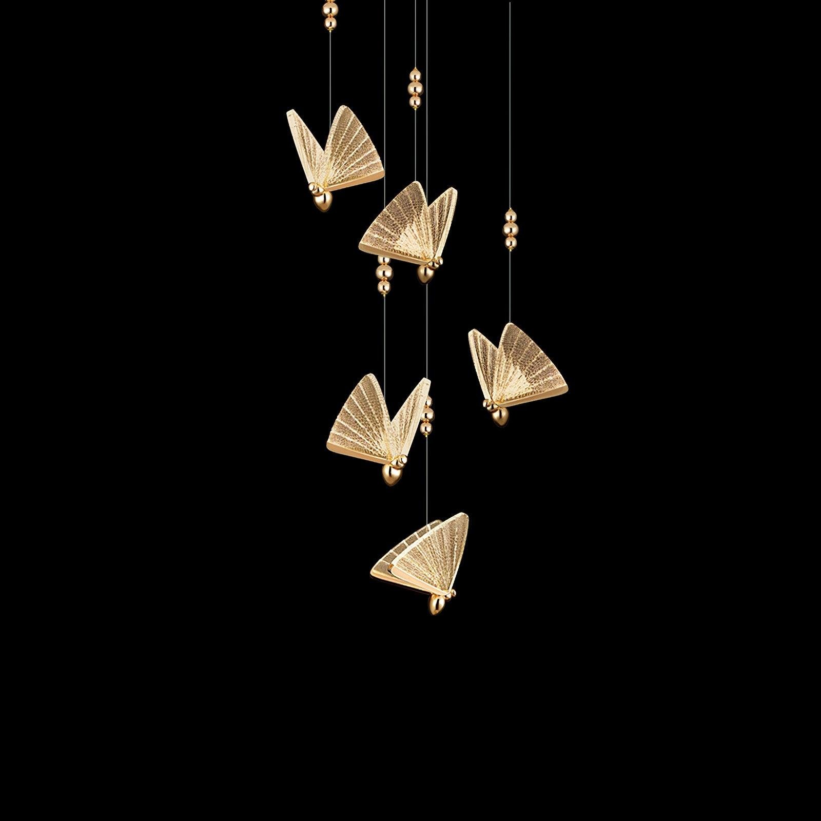 Brass and Clear Butterfly Pendant Light with 8 Heads and Round Canopy, 19.7" Diameter (50cm) in Cool Light.