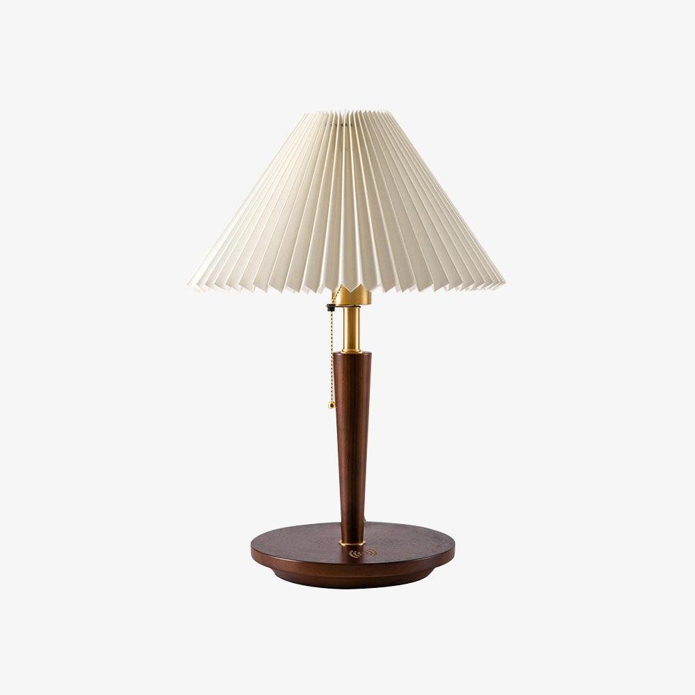 Wood and White Cone Pleated Fabric Table Lamp with UK Plug, Dimensions: Diameter 14.1 inches x Height 20.9 inches (36cm x 53cm)