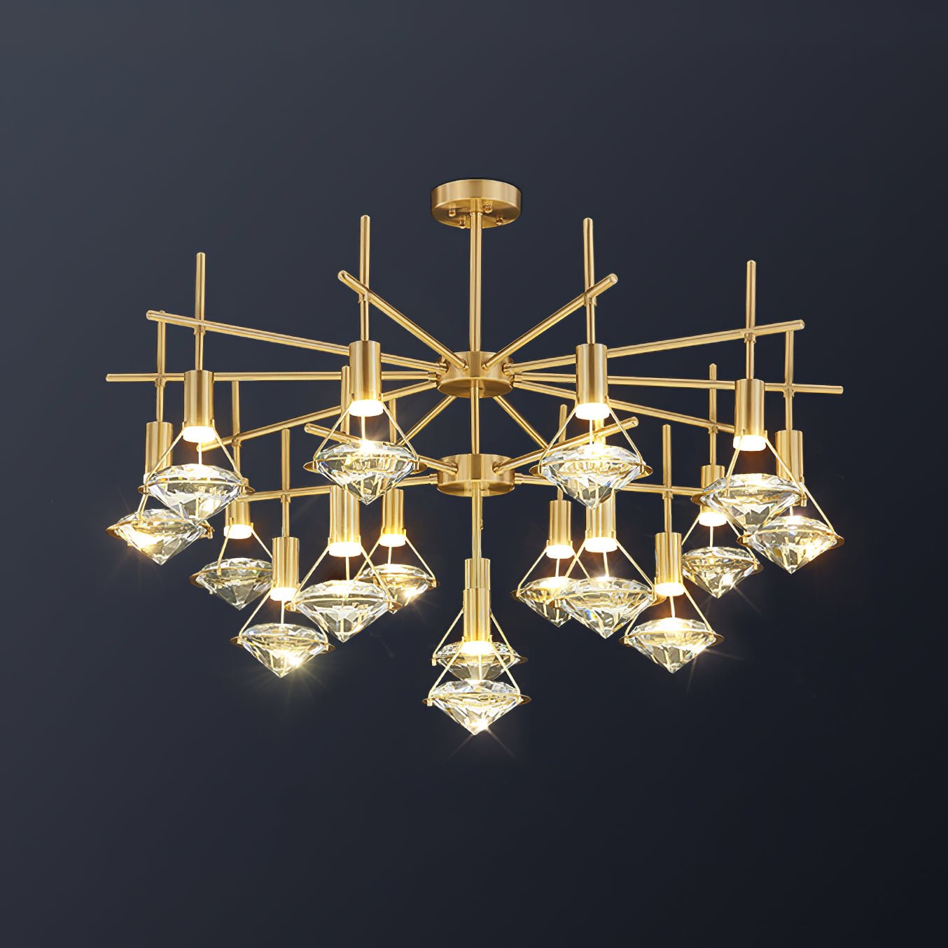 16-Head Diamond Chandelier in Brass and Clear, 37.4" diameter x 27.5" height (95cm x 70cm), with Three-Color Changing Light
