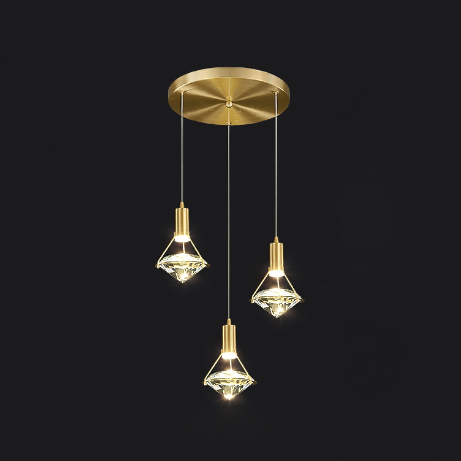 Exquisite Three-Headed Diamond Pendant Lamp: 11.8″ Diameter x 39.3″ Height (30cm x 100cm), Elegant Brass and Clear Finish, and Multicolor Changing Light