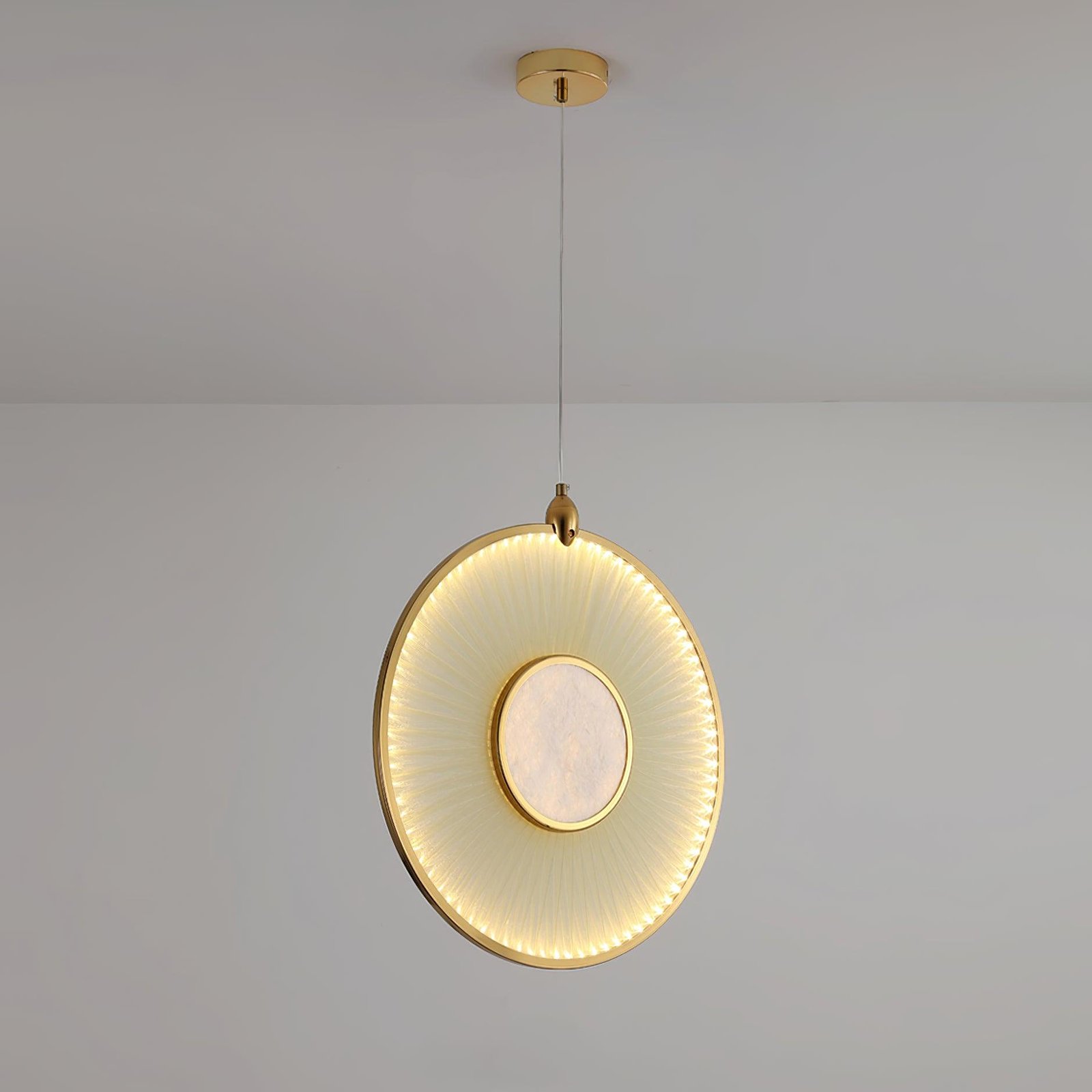 A possible rephrased product title could be: 
"Dix Heures Pendant Light in Gold Finish, with ∅ 31.5″ x H 31.5″ (Dia 80cm x H 80cm) Dimensions and Cool Light Function"