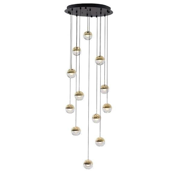 Gold Dora LED Pendant Light with 12 Heads, measuring 17.7" in diameter and 78.7" in height (45cm x 200cm). It emits a cold white light.