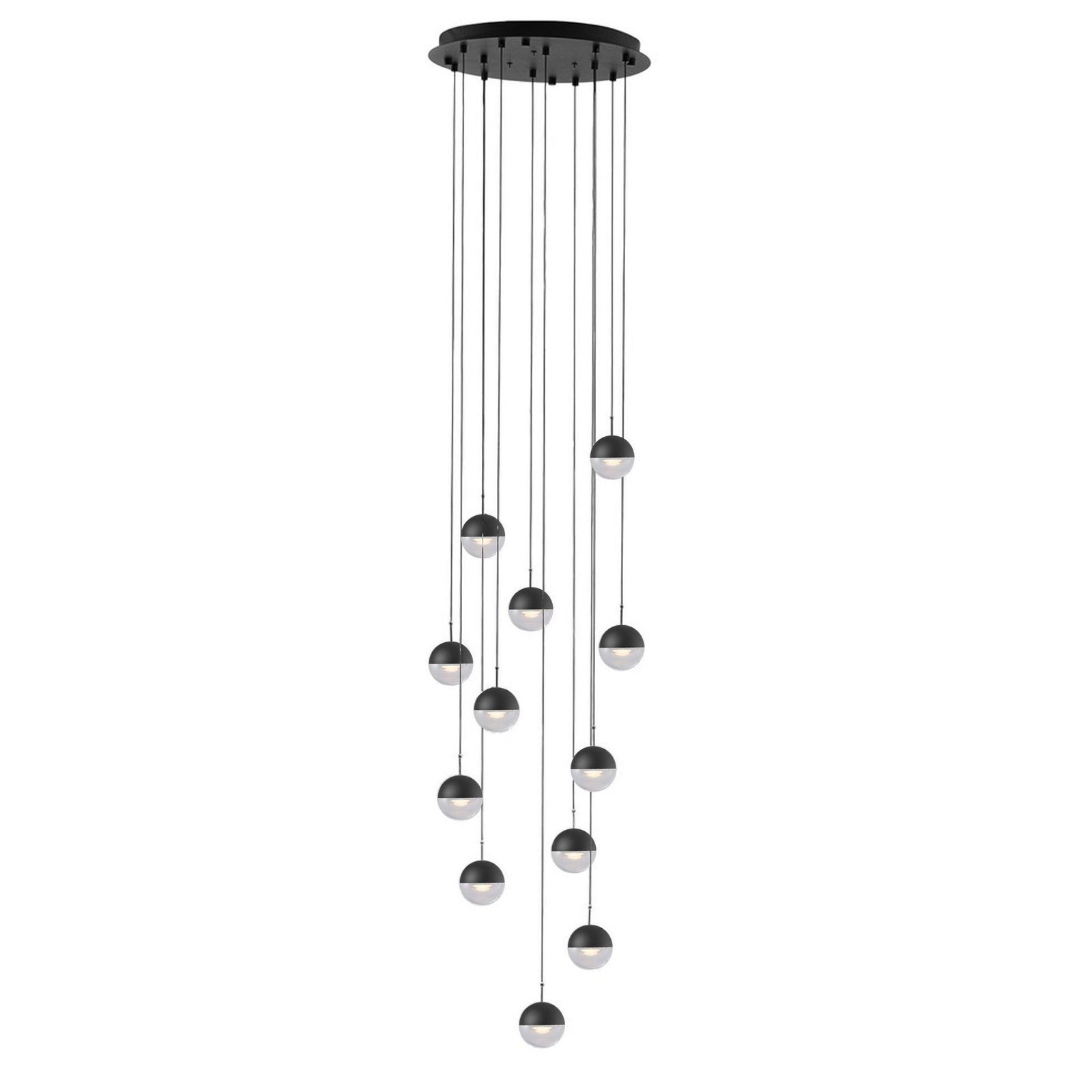 LED Pendant Light Dora with 12 heads, measuring 17.7" in diameter and 78.7" in height (45cm x 200cm), available in matt black finish with a cold white glow.
