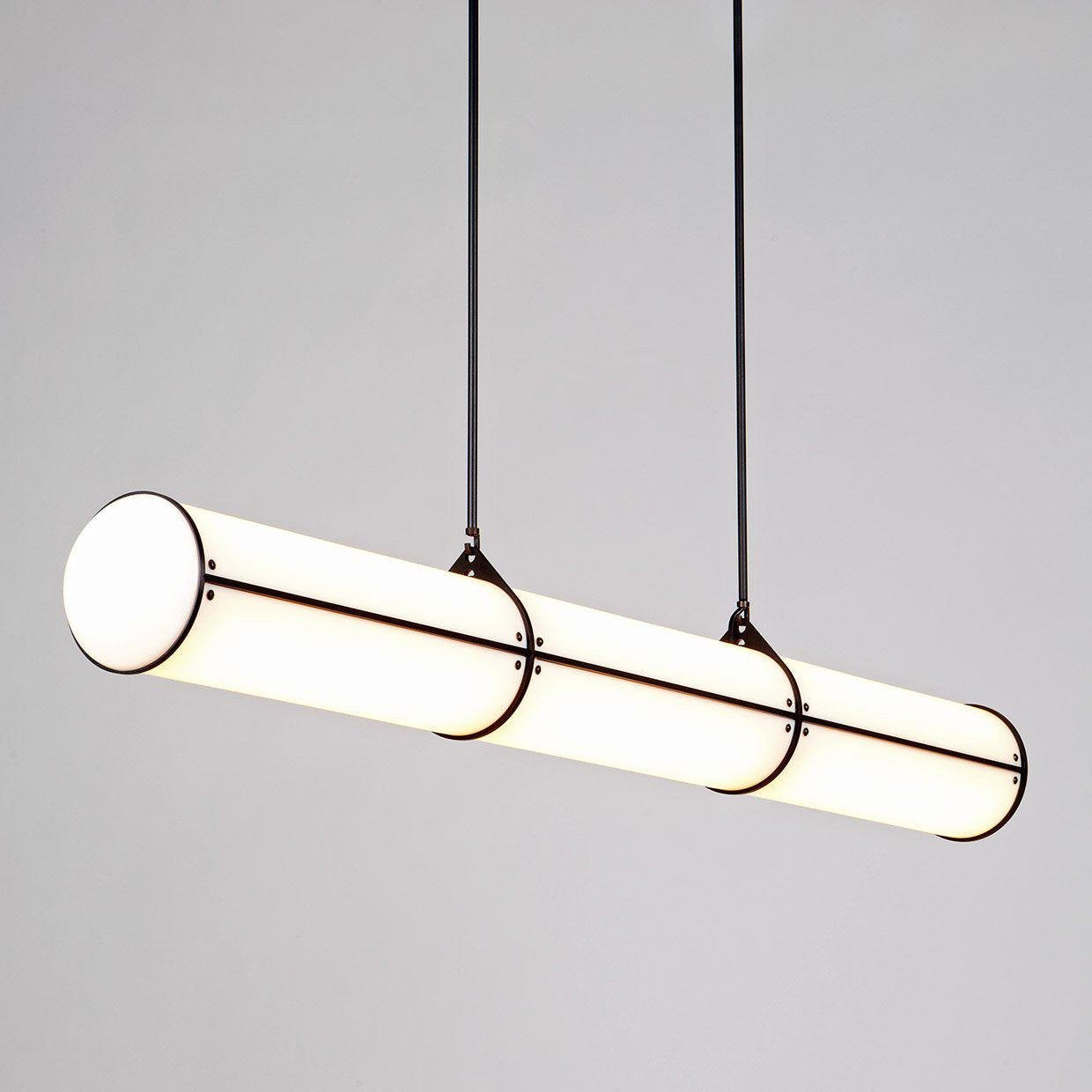Black Pendant Light with endless straight design, measuring Ø 39.4" x H 35" (Ø 100cm x H 89cm). Emitting warm white light.
