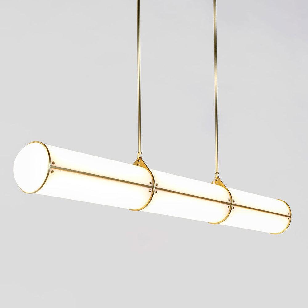 Gold Pendant Light with an Endless Straight Design, measuring approximately 47.2 inches in diameter and 35 inches in height (or 120cm x 89cm). Emitting a cool white light.