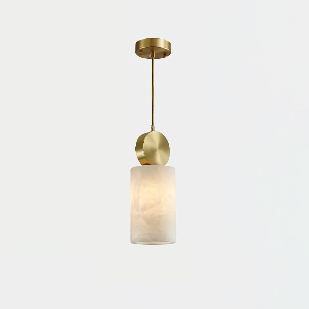 Brass and White Marble Pendant Light (Etruscan) measuring 4.7 inches in diameter and standing 12.2 inches tall (12cm x 31cm)