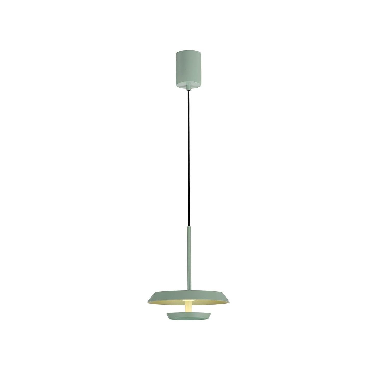 Green Flat Pendant Light, measuring 9.8 inches in diameter and 10.4 inches in height (25cm x 26.5cm), emitting a cool light.