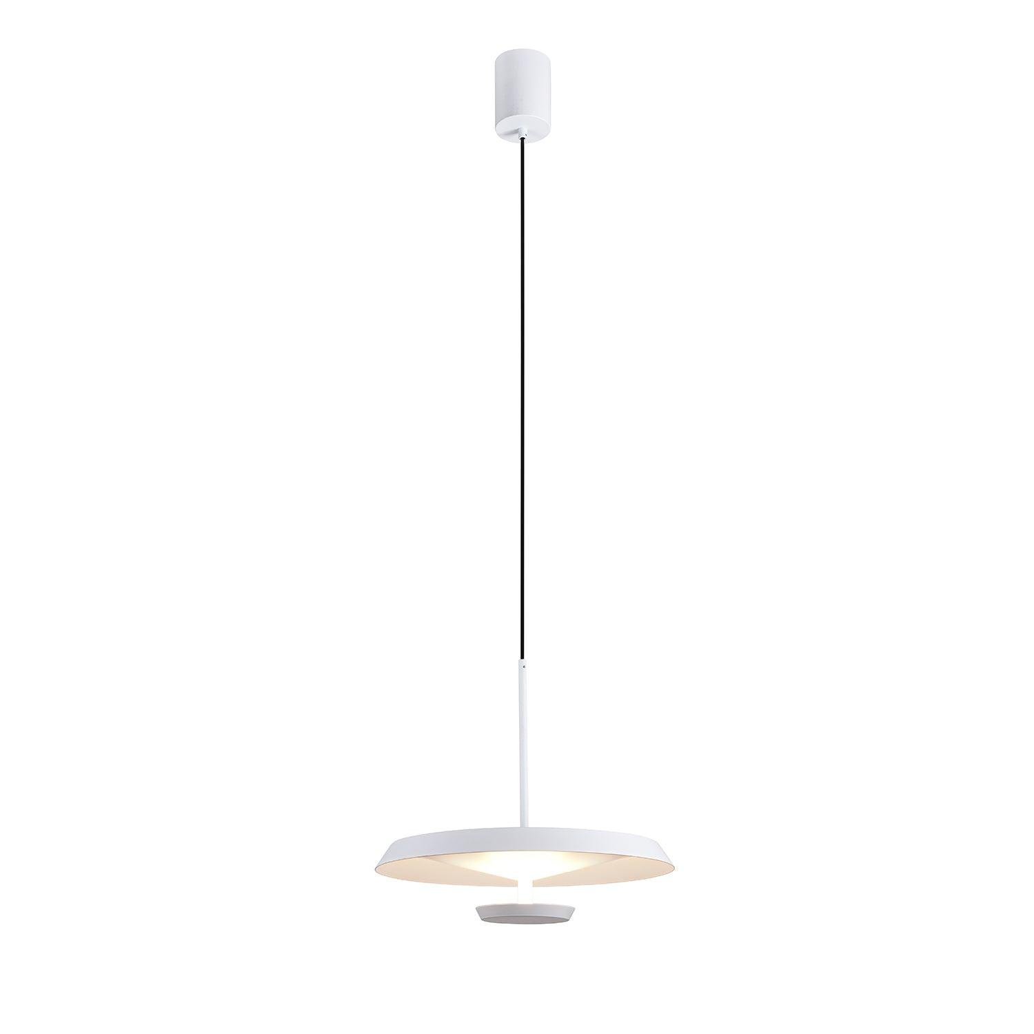 White Flat Pendant Light with a 9.8-inch diameter and 10.4-inch height (or 25cm x 26.5cm), emitting a refreshing cool glow.