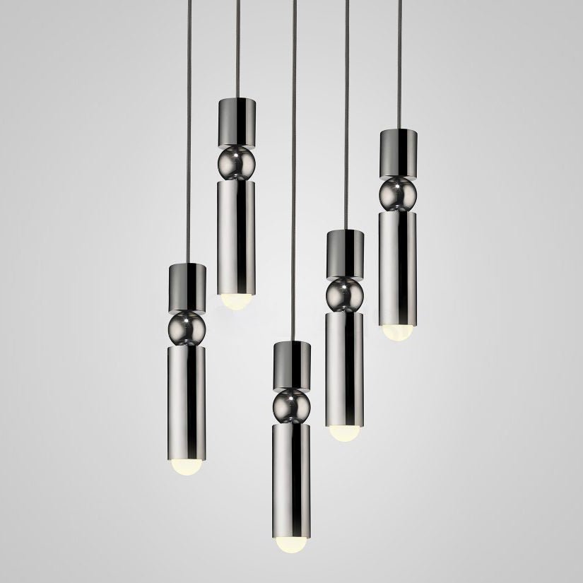 Chrome Fulcrum Pendant Light with 5 Heads, measuring 13.8" in diameter and 59" in height (35cm x 150cm)