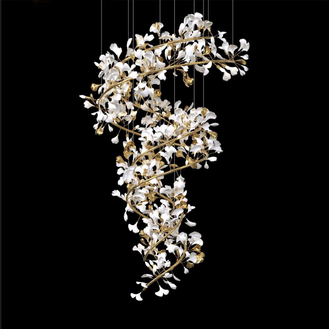 Gold and white Gingko Chandelier with a diameter of 59 inches (150cm) and height of 137.8 inches (350cm)