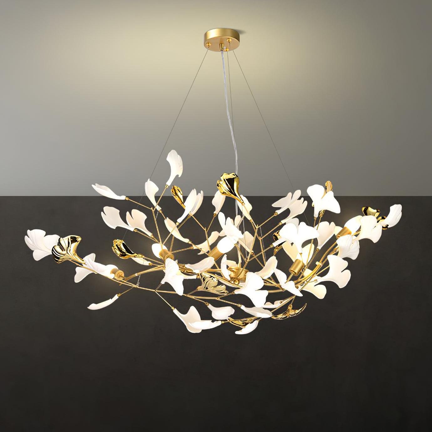 Gingko Chandelier in Gold and White, S L 47.2″ x H 18.9″, L 120cm x H 48cm