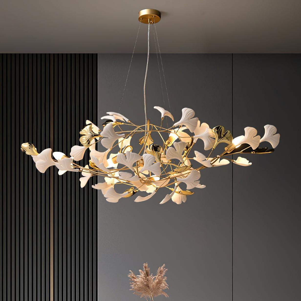 Gold and White Gingko Chandelier in Small-Large Size (59″ x 19.7″, 150cm x 50cm)